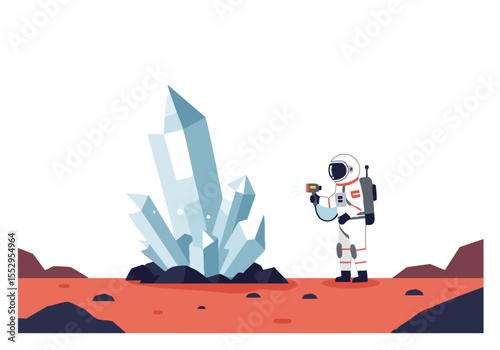 Astronaut scans a large crystal on a Martian landscape. A modern, stylized illustration with a bright, clean aesthetic. Perfect for science, technology, and space themes.