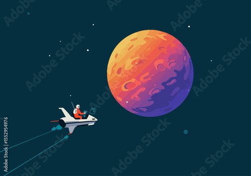 An astronaut pilots a small spacecraft towards a vibrant, textured planet. A stylish, minimalist design evokes a sense of exploration and futuristic calm.