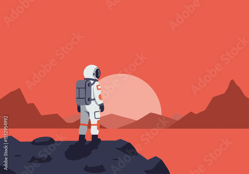 An astronaut stands on a Martian landscape, gazing at a rising sun. A striking, minimalist illustration with bold colors and a sense of exploration.