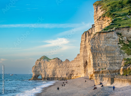 Gold our Landscape with spectacular beaches and high cliffs at Etretat, Normandy, France.