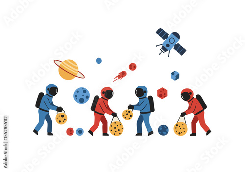 Diverse astronauts gather celestial objects in colorful baskets. A modern, flat illustration with a space theme. Great for design and marketing.