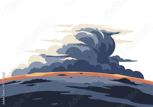 Layered clouds swirl above a desert horizon. A stylized, graphic illustration evokes a sense of drama and vastness. Ideal for backgrounds and design projects.