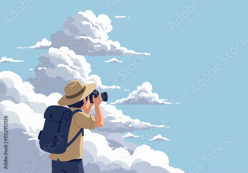 A hiker photographs dramatic clouds with a camera and backpack. A scenic outdoor landscape with a clear blue sky and fluffy white clouds. Perfect for travel and nature themes.