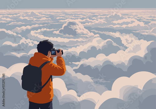 A photographer captures a breathtaking cloudscape from above. A man in an orange jacket uses a camera, immersed in the vast, swirling clouds. A serene and expansive view.