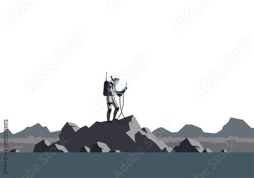 A lone astronaut examines a sample on a rocky Martian landscape. Minimalist, stylized illustration with a muted color palette. Evokes exploration and scientific discovery.