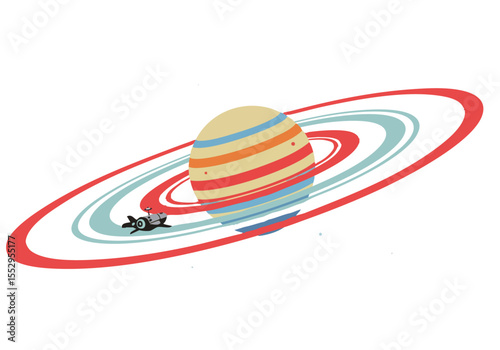 playful illustration of Saturn with rings and a rocket passing by Vibrant colors and a whimsical style create a visually appealing space scene Perfect for educational or imaginative designs