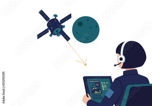 A professional monitors a satellite, directing operations from a control room. Modern, clean design with a focus on technology and remote oversight.