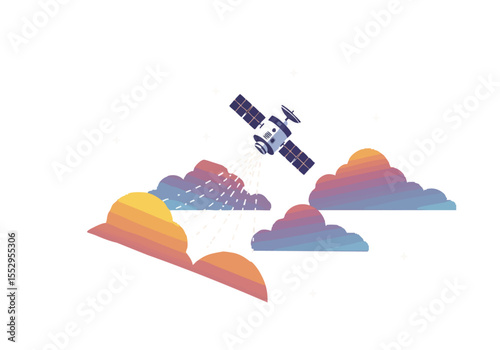 A satellite transmits data clouds across a vibrant sky. Modern, digital illustration with a focus on connectivity and global reach. Suitable for tech and business themes.