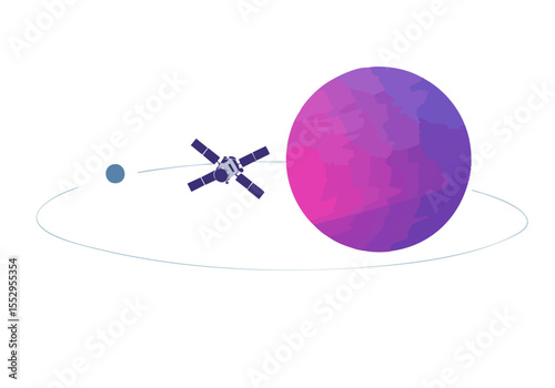 A sleek satellite orbits a vibrant, ringed planet. A minimalist design showcases space exploration and celestial beauty. Perfect for tech, science, and fantasy themes.