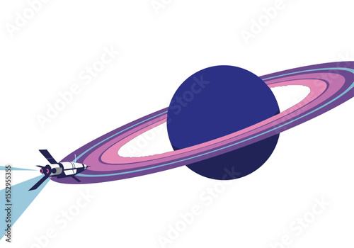 A sleek spacecraft navigates Saturn's rings, creating a stunning, stylized space scene. Vibrant colors and a minimalist design offer a visually captivating image for commercial use.