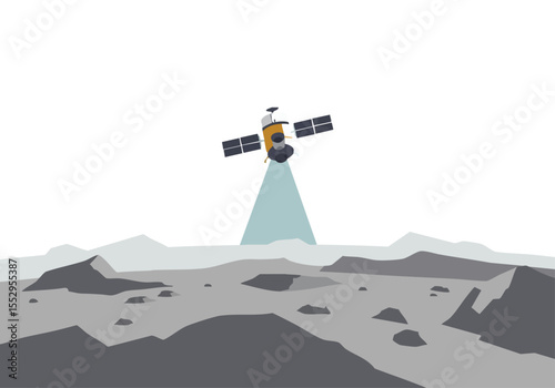 A stylized illustration depicts a satellite's rocky descent onto a lunar landscape. Minimalist design with a bright beam of light. Modern, graphic style.