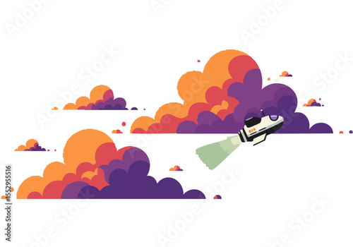 A stylized rocket flies through vibrant clouds, emitting a beam of light. Modern, graphic design with a playful, futuristic feel. Perfect for tech and innovation themes.