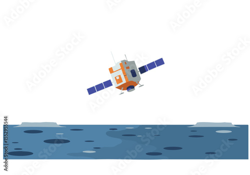 A stylized satellite hovers over a lunar landscape. Minimalist design, dark background, and a modern aesthetic. Perfect for technology or space-themed visuals.