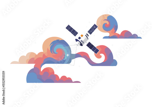 A stylized satellite orbits colorful data clouds, evoking a modern, digital landscape. Clean lines and vibrant hues create a visually appealing and commercially viable design.