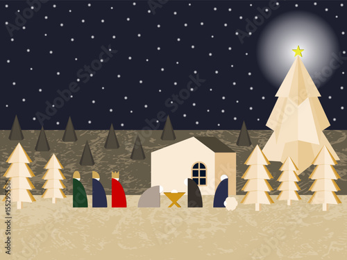 Vector Illustration Depicting Traditional Christmas Nativity Scene at Night.