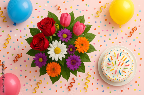 Top view of a birthday bouquet surrounded by scattered confetti, balloons, and a birthday cake on a pastel colored table.