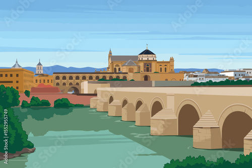 This illustration captures the historic cityscape of Córdoba, Spain, featuring the iconic Roman Bridge and the Mosque-Cathedral. 