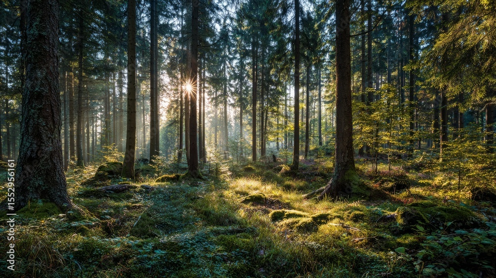 Fototapeta premium Sunlight piercing through forest trees amid diverse natural ground vegetation and woodland textures
