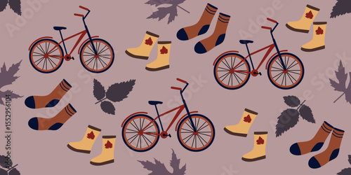 Autumn seamless pattern with leaves, socks, bicycle and rubber boots on a light background.Vector illustration