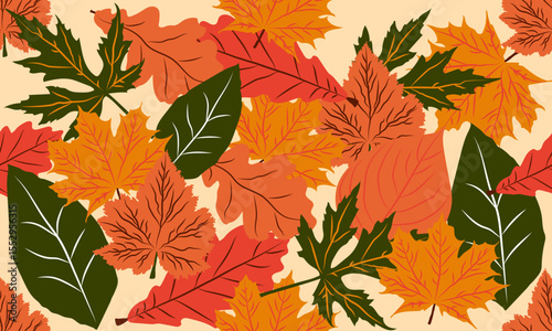 Autumn bright seamless pattern with different leaves on a light background.Elements for printing,fabrics,wallpaper,packaging.Vector illustration