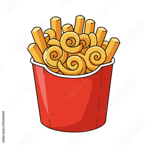 Flat vector icon of curly fries in a red paper cup