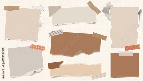 Realistic Brown torn ripped paper sheets collection with washi tape. Free Vector