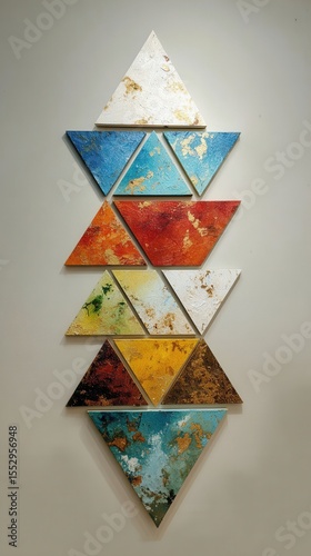 A colorful wall art installation featuring a series of triangular panels in various colors including blue, red, yellow, and white. The design is modern and abstract. photo