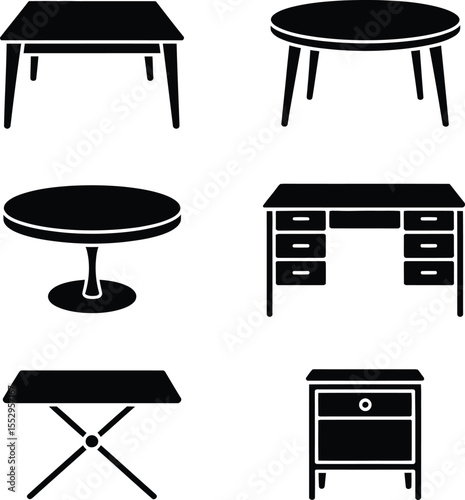 Collection of six different furniture silhouettes including tables and a nightstand