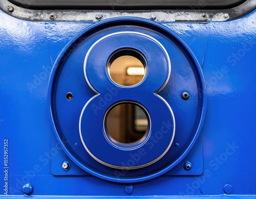 Close-up of blue train number eight with circular design and metal frame