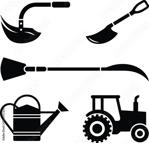 Collection of agricultural tools and equipment including a hoe shovel scythe watering can and tractor silhouette