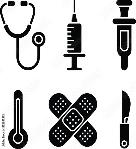 Collection of medical icons including stethoscope syringe thermometer bandage and scalpel silhouette