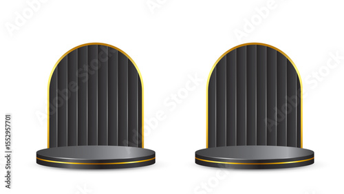 Stylish Black & Gold Arched Podium Displays with Ribbed Backings & Transparent Backgrounds for Elegant Product Showcases

