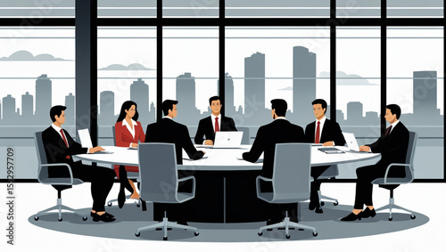 AI Generative. Corporate Boardroom Meeting with Cityscape View. 1