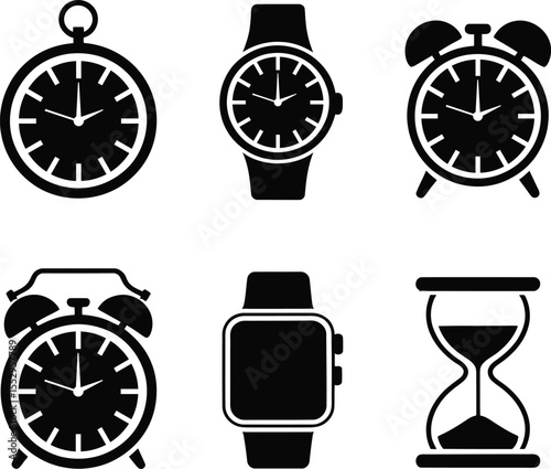 Collection of six different timekeeping devices in silhouette