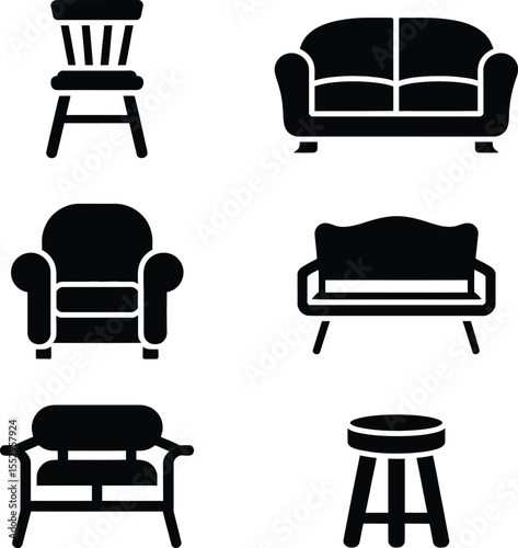 Collection of six different furniture icons in a clean silhouette style