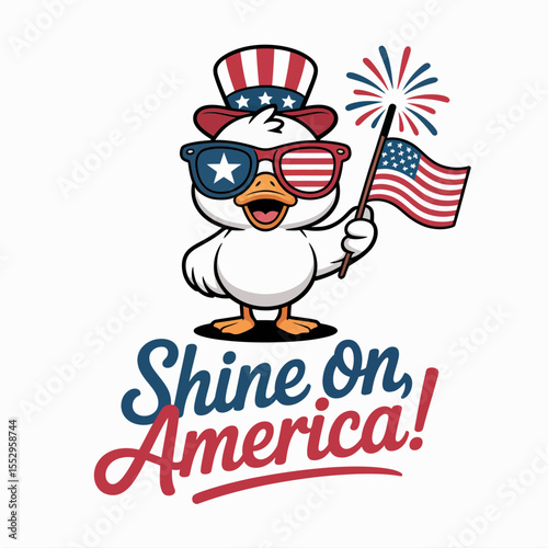 Cute duck with top hat and sparkler smiling under shine on America message with red blue balloons  