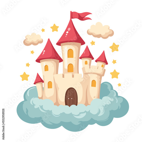 Cartoon tooth fairy castle floating on clouds.  Charming illustration of fairytale castle among stars and fluffy clouds.