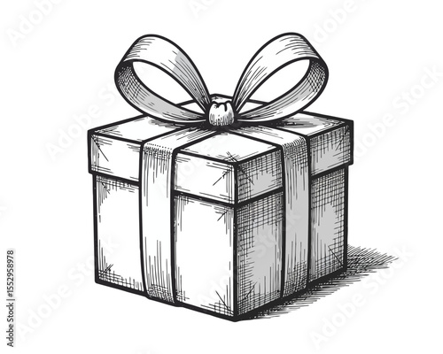 A single, beautifully wrapped gift box is presented in a classic hand-drawn sketch style. 