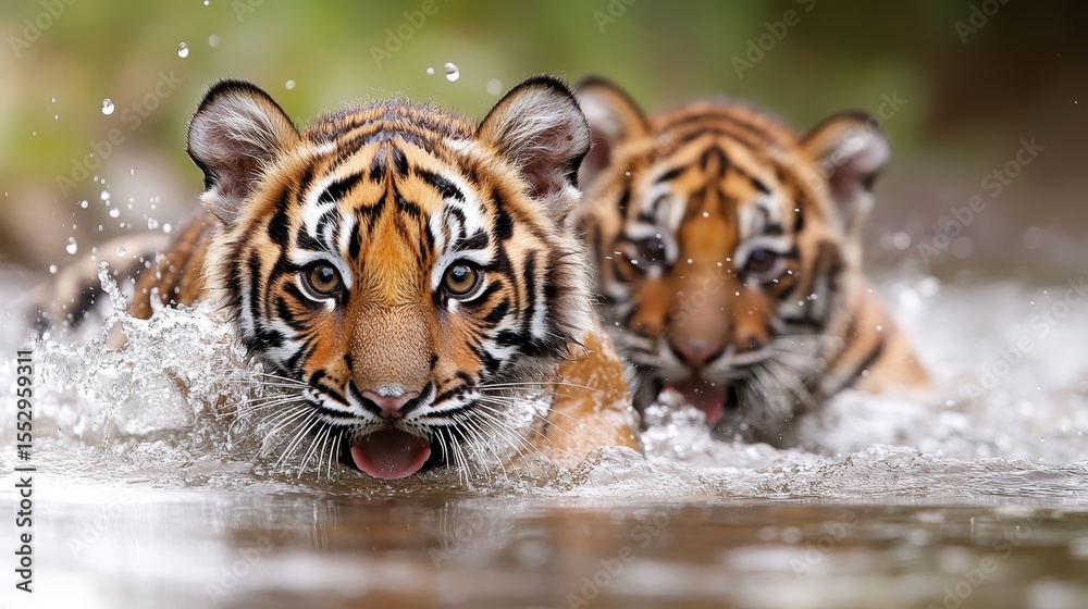 Obraz premium Two adorable tiger cubs swim joyfully in water, exemplifying playfulness and natural beauty, capturing the essence of wildlife in a stunning and vibrant natural setting.