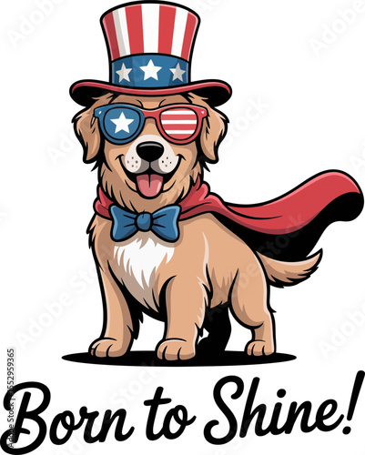 Stylized dog head wrapped in American flag with waving stripes flowing backward in static pride pose  