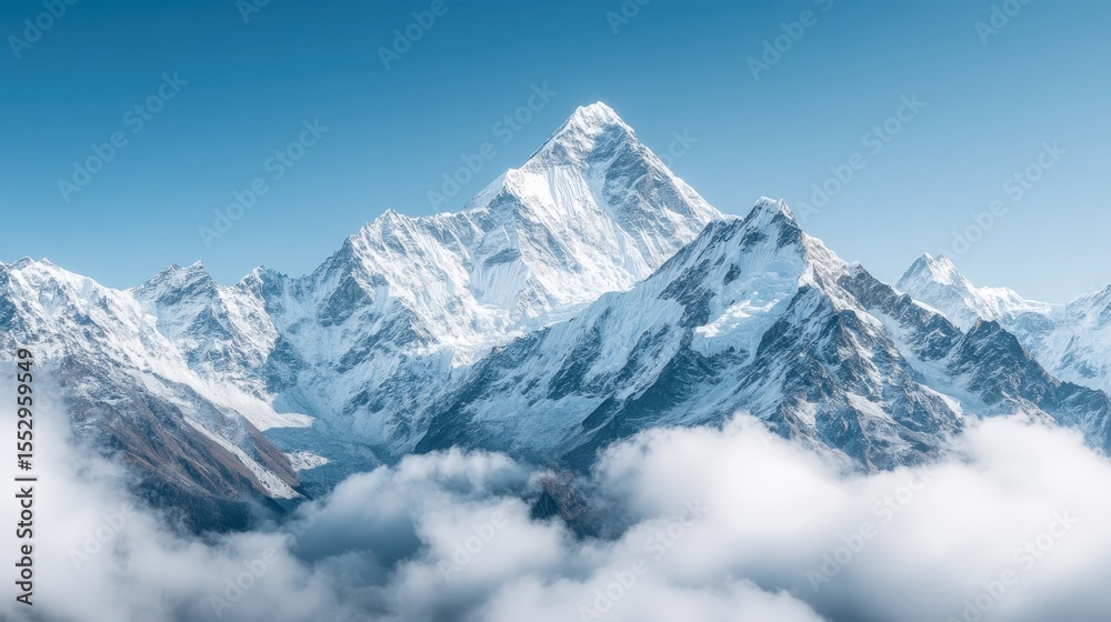 Fototapeta premium A breathtaking view of majestic snow-capped mountain peaks rising high against a clear blue sky, representing natural beauty and the grandeur of the earth’s landscape.