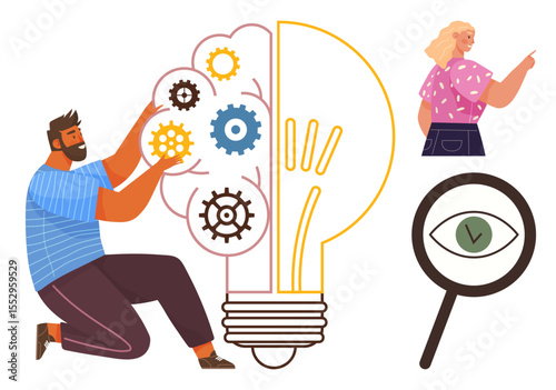 Man working on lightbulb with gears, symbolizing innovation. Woman pointing signifies action. Magnifying glass emphasizes analysis. Ideal for innovation, teamwork, problem-solving, learning