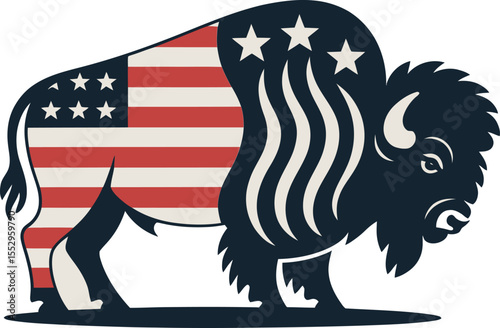Bison with bold American flag wings clutching star ribbon in classic strong liberty expression  