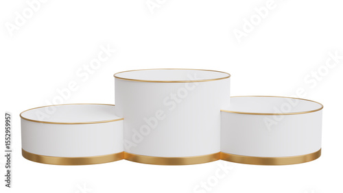 Elegant white and gold three-tiered product display podium, ideal for awards, winners, or luxurious item showcases on a transparent background.

