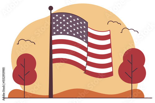 Colorful USA flag hanging on a flagpole, fluttering in the wind. Vector illustration on white background.