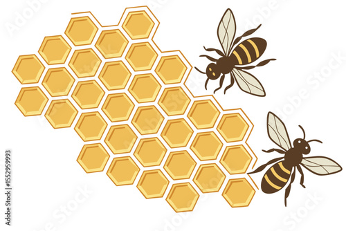 Honeycomb pattern with bees illustration on white background. Ideal for nature, honey, or bee-themed projects.