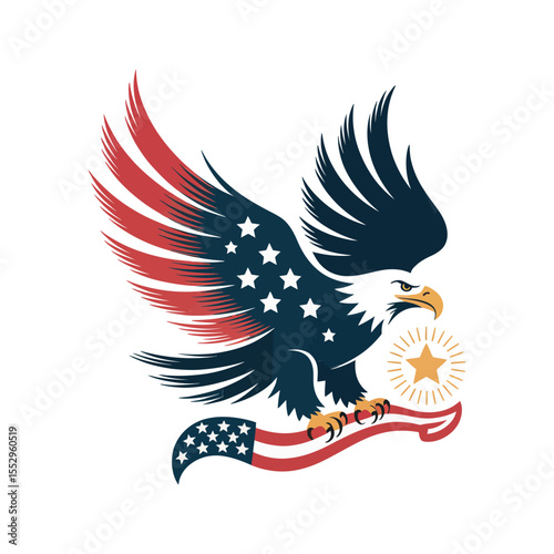 Soaring eagle with expanded wings carrying flower in beak and sparkling flag stars on feathers  