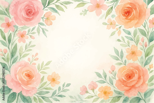Vintage floral background with romantic pink roses, elegant frame, and decorative hearts for a wedding or Valentine's Day card design