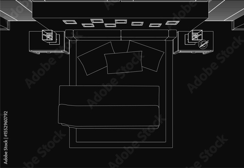 A black and white drawing of a cozy bedroom featuring a neatly made bed with plush pillows, a nightstand, and soft lighting. The dark background creates a mysterious yet inviting atmosphere
