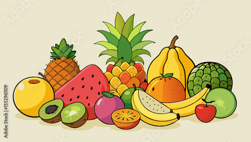 Vibrant assortment of fresh tropical fruits in a colorful arrangement